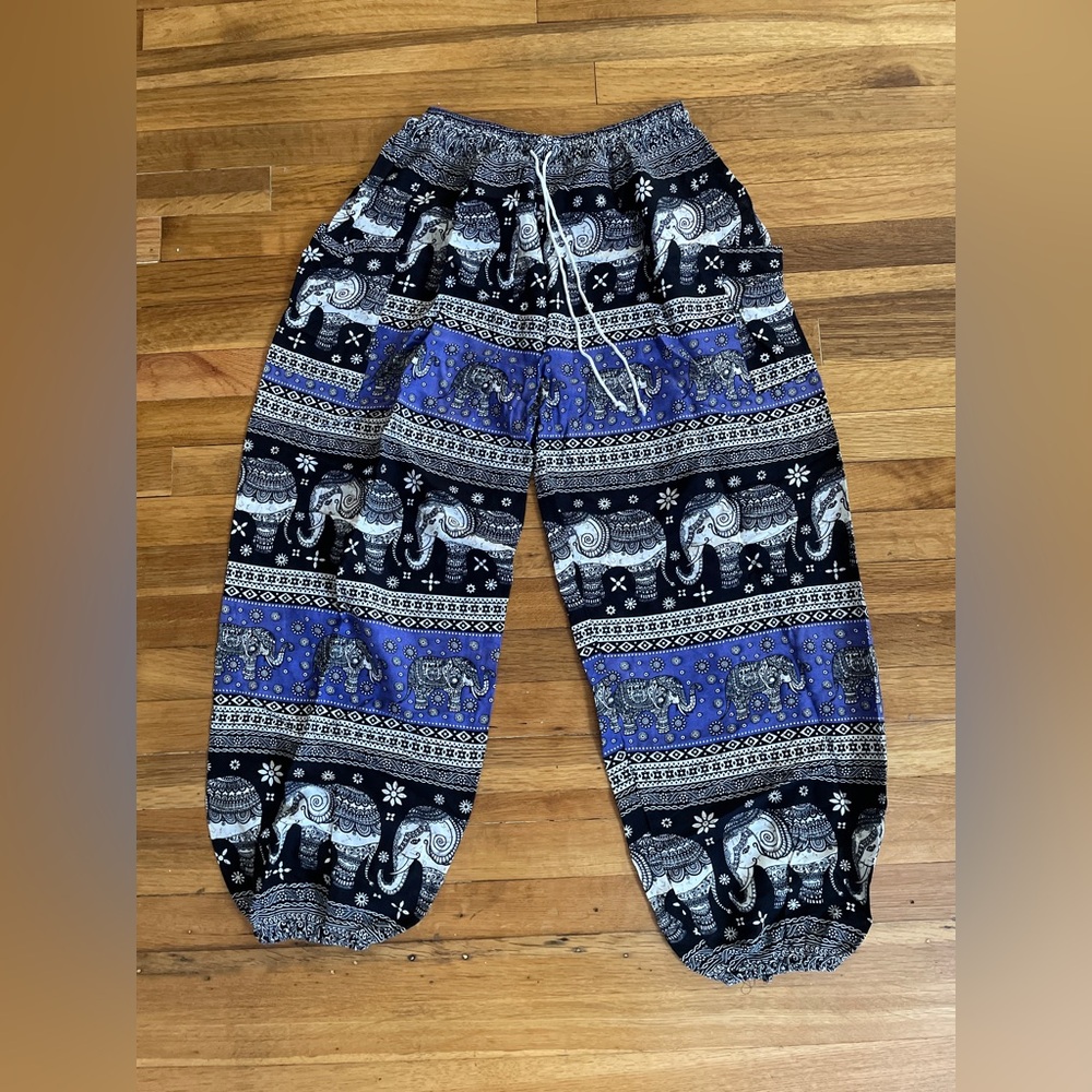 Elephant Print Womens Harem Pants - Blue and Black (Made in Thailand)